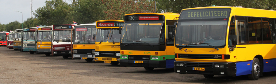 Een groot deel van de bussen die tijdens de open dag naast elkaar stonden opgesteld.